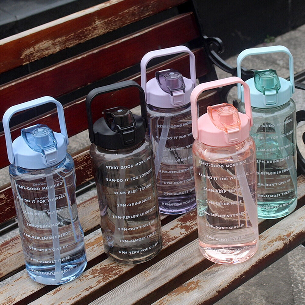 US 1-2 Pc Motivational Half Gallon/64 oz Water Bottle w/ Time Marker with straw