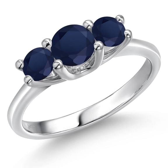 Gem Stone King 14K White Gold Blue Sapphire 3-Stone Engagement Ring | 1.30 Cttw | Round 5MM and 4MM | Three Stone Wedding Anniversary Promise Ring for Women (Size 7)