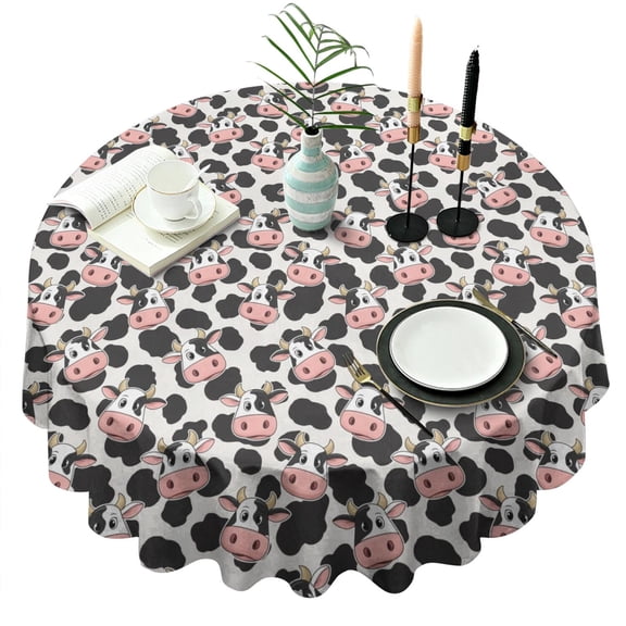 Light Gray Cow Black Spot Pattern Round Tablecloth 60"x60",Wrinkle Wipeable Table Cloth for Kitchen Dining Room Picnic Patio Party