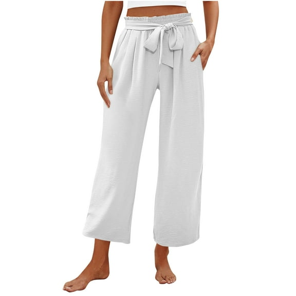 Lmnyox Wide Leg Ankle Pants for Women Comfort Elastic Waist Drawstring Trousers with Pocket Flowy Lounge Pants