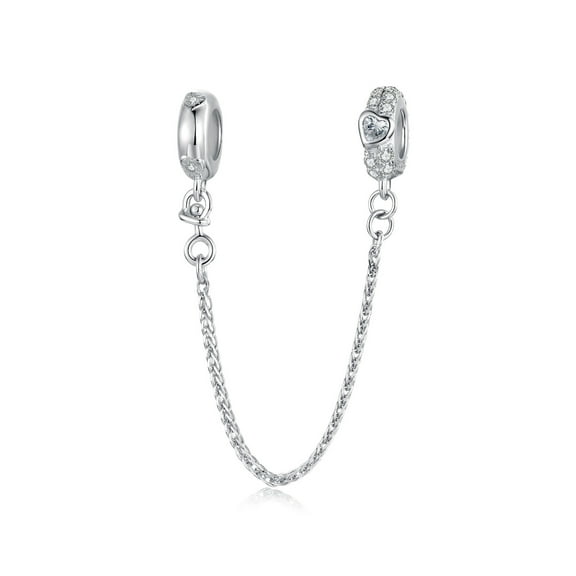 Heart Safety Chain Charm , Genuine 925 Sterling Silver, Compatible with Most Charm Bracelet