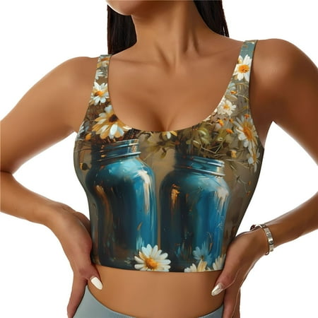Adobk Rustic Daisy Mason Jars Print Sports Bras for Women Longline Workout Crop Tank Tops Padded with Built in Shelf Padded Sports Bra-XX-Large