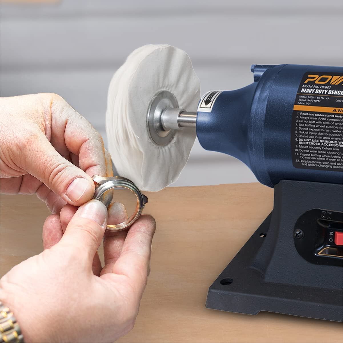POWERTEC Jewelry Polisher/Bench Buffer Polisher with 2 Polishing Wheel, 6-Inch Buffing & Polishing Machine, Benchtop Buffer for Metal, Jewelry, Knives, Wood, Jade and Plastic  (BF601)