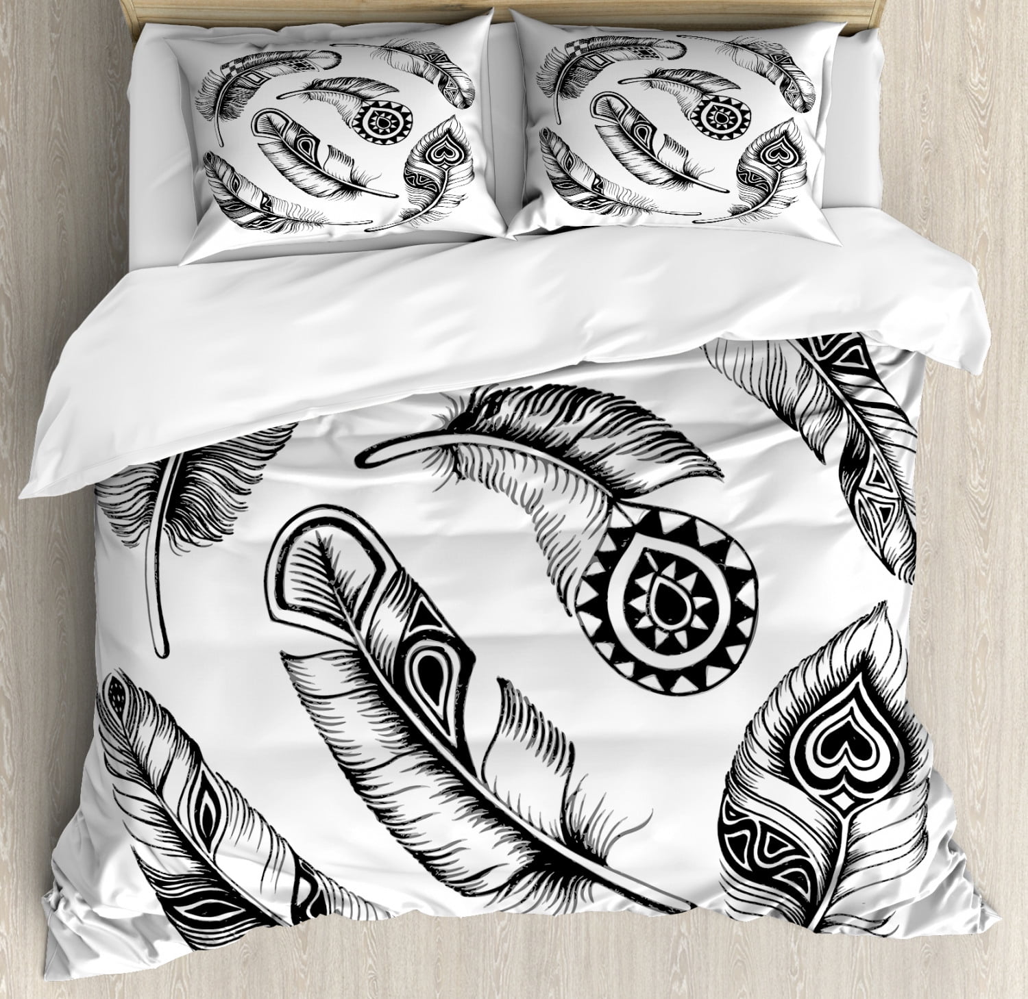 Feather Queen Size Duvet Cover Set Black Feathers With Primitive