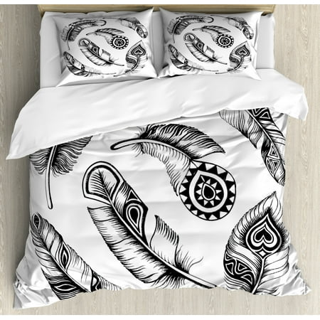 Feather Queen Size Duvet Cover Set Black Feathers With Primitive