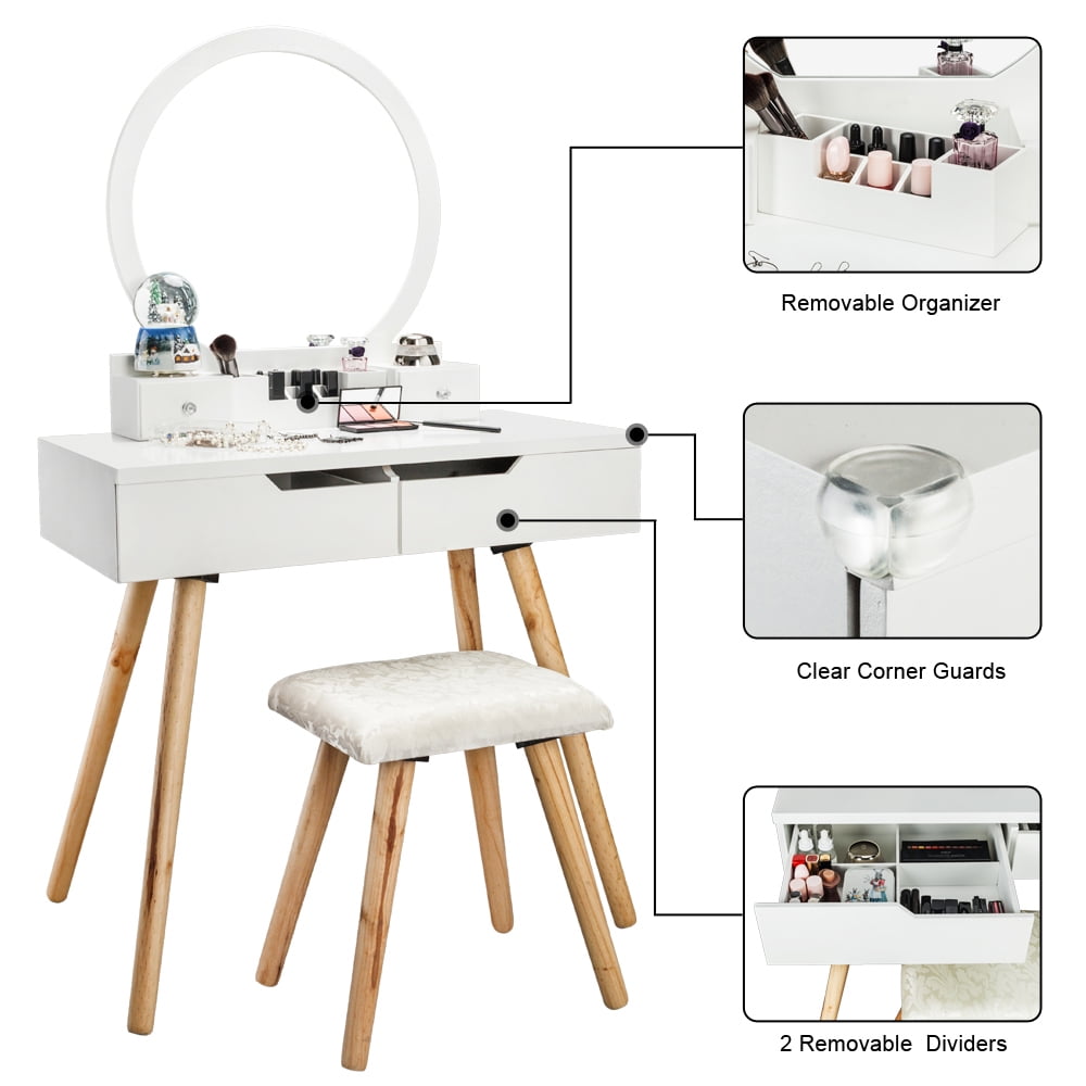 Lowestbest Wooden Dressing Table Set, Desk with Round Mirror and Two Drawers, Suitable for Bedroom and Office, White