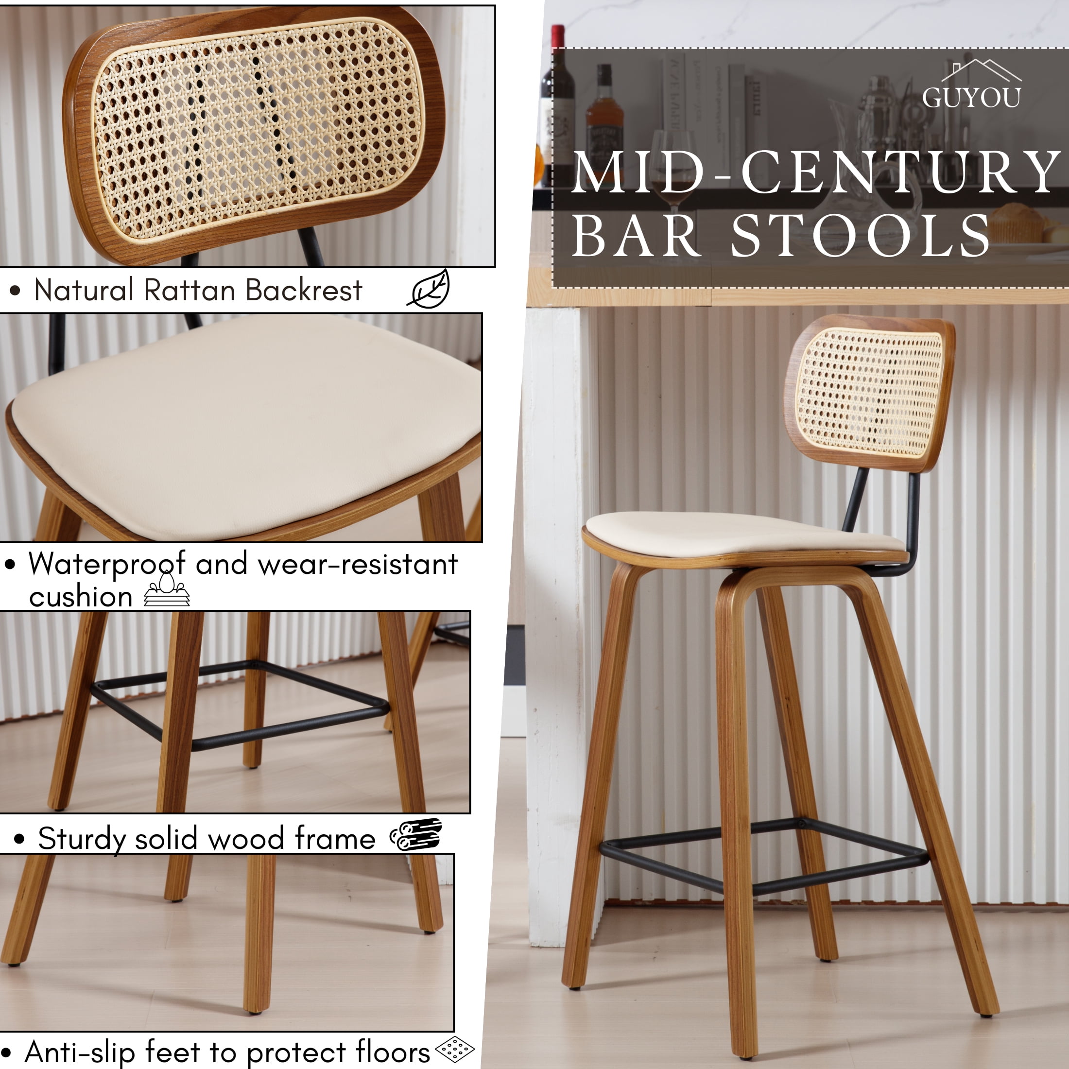 Guyou Rattan Counter Height Bar Stool Set of 2, 26" Wooden Kitchen Island Chairs with Cane Backrest and Bentwood Legs, Modern PU Upholstered Barstools for Dining Room Bars Coffee Shops, Beige