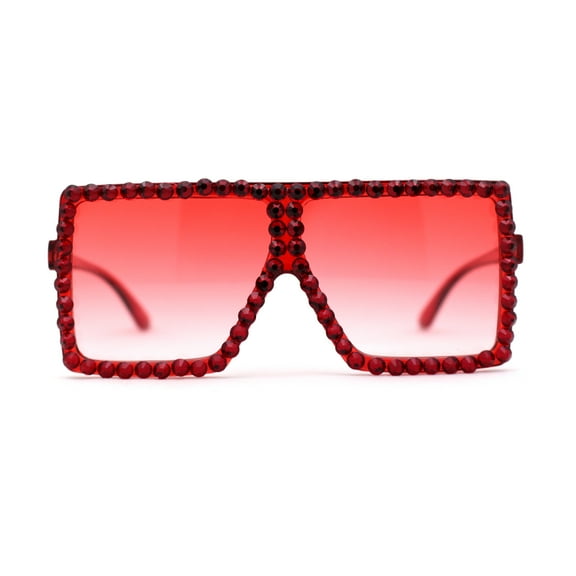Girls Child Size Large Rhinestone Studded Flat Top Square Mob Sunglasses All Red
