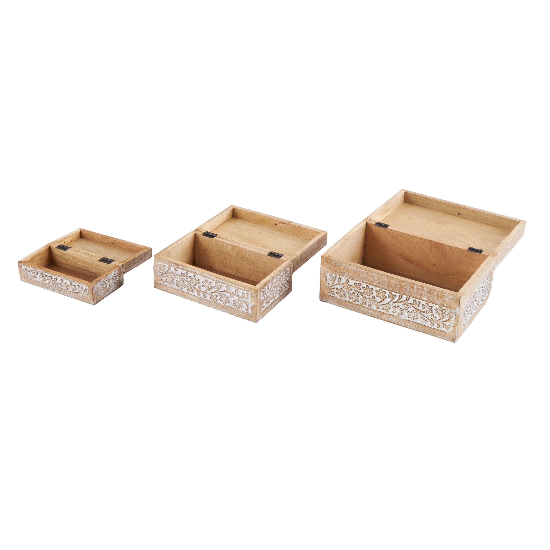 DecMode Floral Cream Mango Wood Decorative Box with Hinged Lid, 3 Count