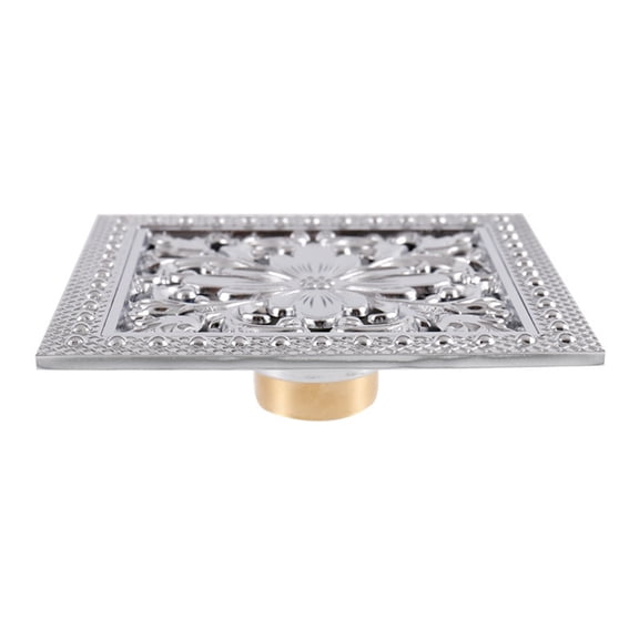 Square Shower Floor Drain Cover, 5.9 Inch Brass Antique Floral Carved Bathroom Floor Drain with Strainer Filter