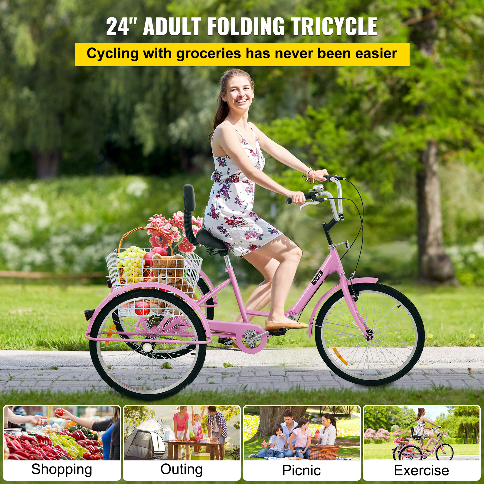 VEVOR Foldable Adult Tricycle 24 Wheels, 1-Speed Pink Trike, 3 Wheels Colorful Bike with Basket, Portable and Foldable Bicycle for Adults Exercise Shopping Picnic Outdoor Activities - image 3 of 9