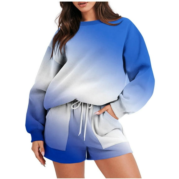 Women's Two Piece Fashion Sweatsuit Print Long Sleeve Oversized Sweatshirts Shorts with Pocket Fall Casual Loose Outfits, Blue, S