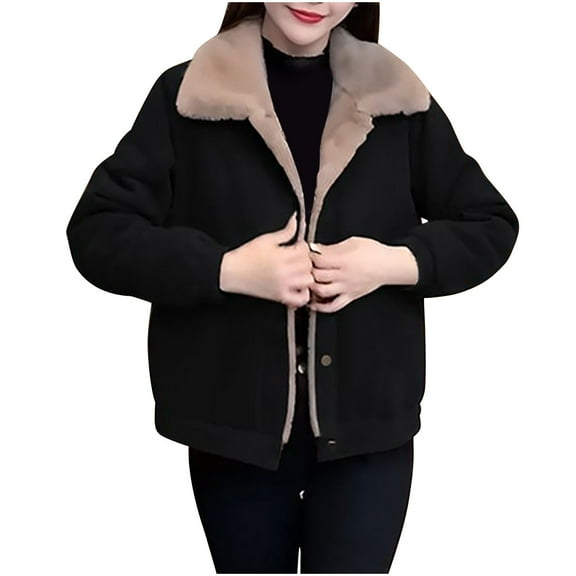 FNFYFH Women's Fleece Jacket Women Lapel Fuzzy Faux Fur Sherpa Lined Coat Plus Size Long Sleeve Warm Outerwear with Pockets