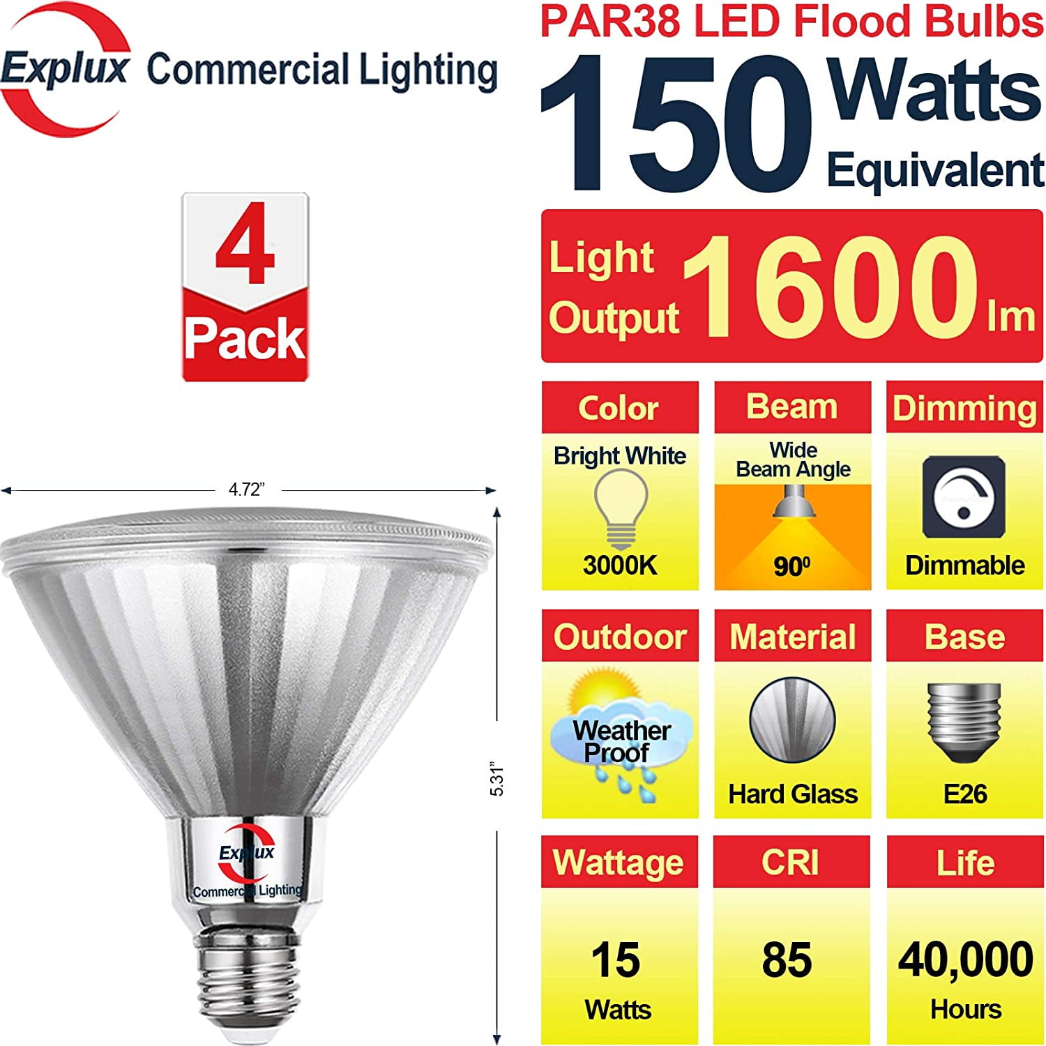 2400 Lumen 2-Pack 2700K Soft White 250W Equivalent Explux Outdoor PAR38 LED Flood Light Bulbs Full Glass Weatherproof & Anti-Ageing Dimmable 