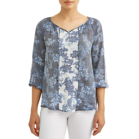 Silk Peasant Blouse - Women's Mix Print Peasant Blouse