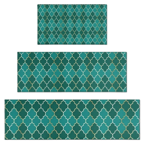 Teal Gold Checkerboard Checkered Pattern Kitchen Rugs Sets Of 3,Kitchen Runner Rugs Non Skid Washable,Decorative Kitchen Floor Mats for Kitchen,Sink,Laundry,17"x30"  17"x47"   17"x59"