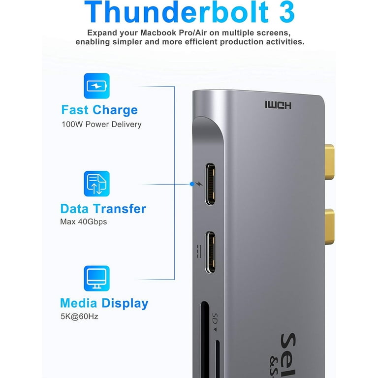Hub USB C 7 en 2, BHHB USB C Adaptateur Macbook Pro/Air, avec USBC  Thunderbolt 3 100W PD, 4K HDMI, 2 * USB 3.0, SD & Mircro SD, Dock USB C pour