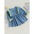 thumbnail image 3 of Wassery Baby Girls Denim Dress Crew Neck Long Sleeve Frills Patchwork Buttons Jean Dress Toddler Girls Fall Casual A-line Dress, 3 of 8