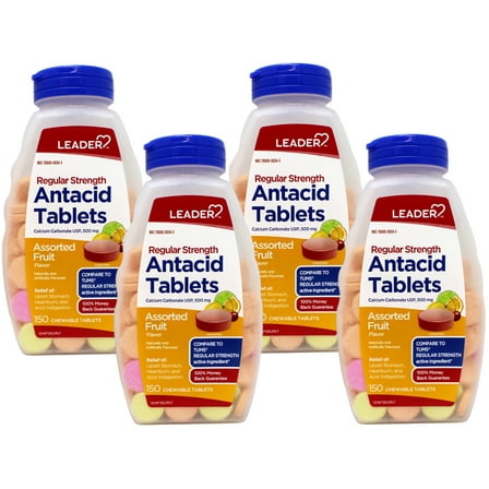 4 Pack - Leader Regular Strength Chewable Antacid Tablets for Heartburn Relief and Acid Indigestion Relief, Calcium Carbonate 500mg, Assorted Fruit, 150 Count