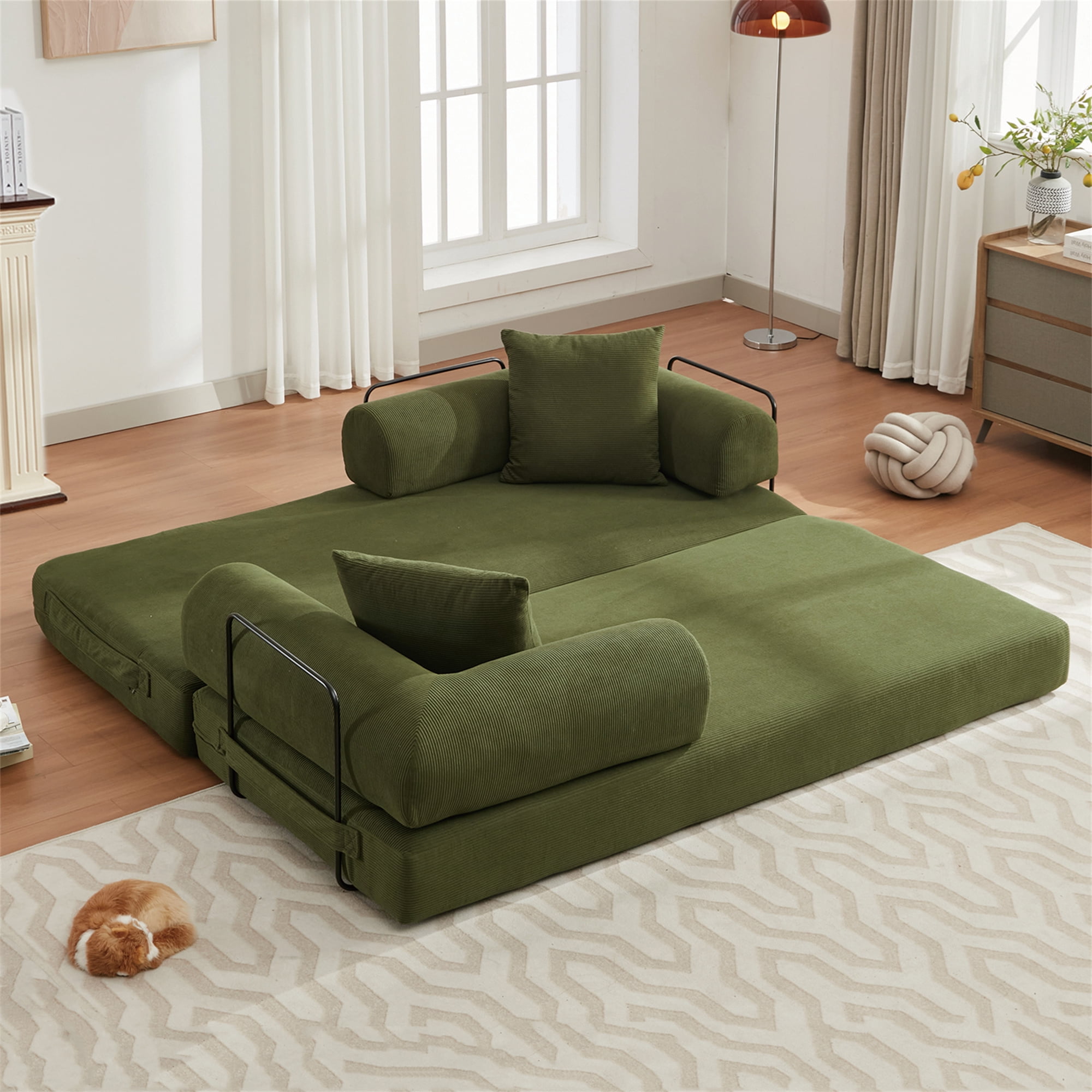 Aukfa 78.5" Convertible Sleeper Couch Folding King Size Futon Sofa for Living Room, Corduroy, Green