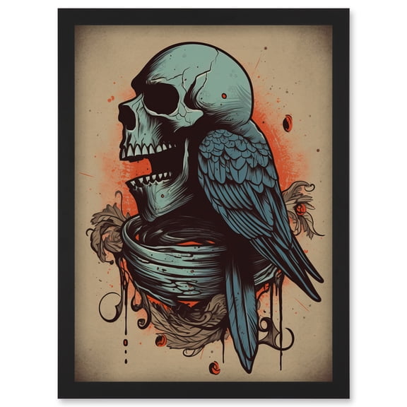 Skull Raven Wings Old School USA Tattoo Ink Body Rockabilly Americana 50s Artwork Framed Wall Art Print A4