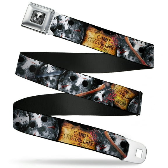 Warner Bros. Horror Movies Belt, Seatbelt Buckle Belt, Friday the 13th Welcome to Camp Crystal Lake Jason Mask Axe, 30 to 44 Inches