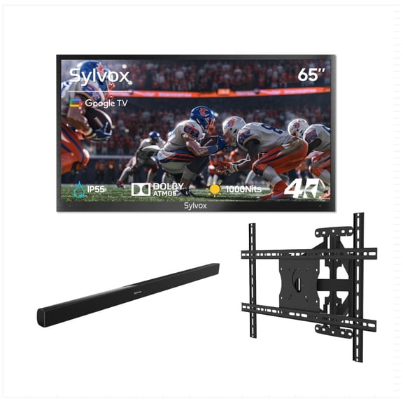 SYLVOX 65" Outdoor TV with Mount & Soundbar, 4K UHD Google TV for Partial Sun Outside 1000nit Brightness, IP55 Weatherproof, Dolby Atmos, Voice Remote (Deck Pro 3.0)