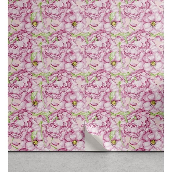 Ambesonne Floral Themed Peel & Stick Wallpaper for Home, Romantic Summer Bloom, 13"x36", Pale Pink Lime Green