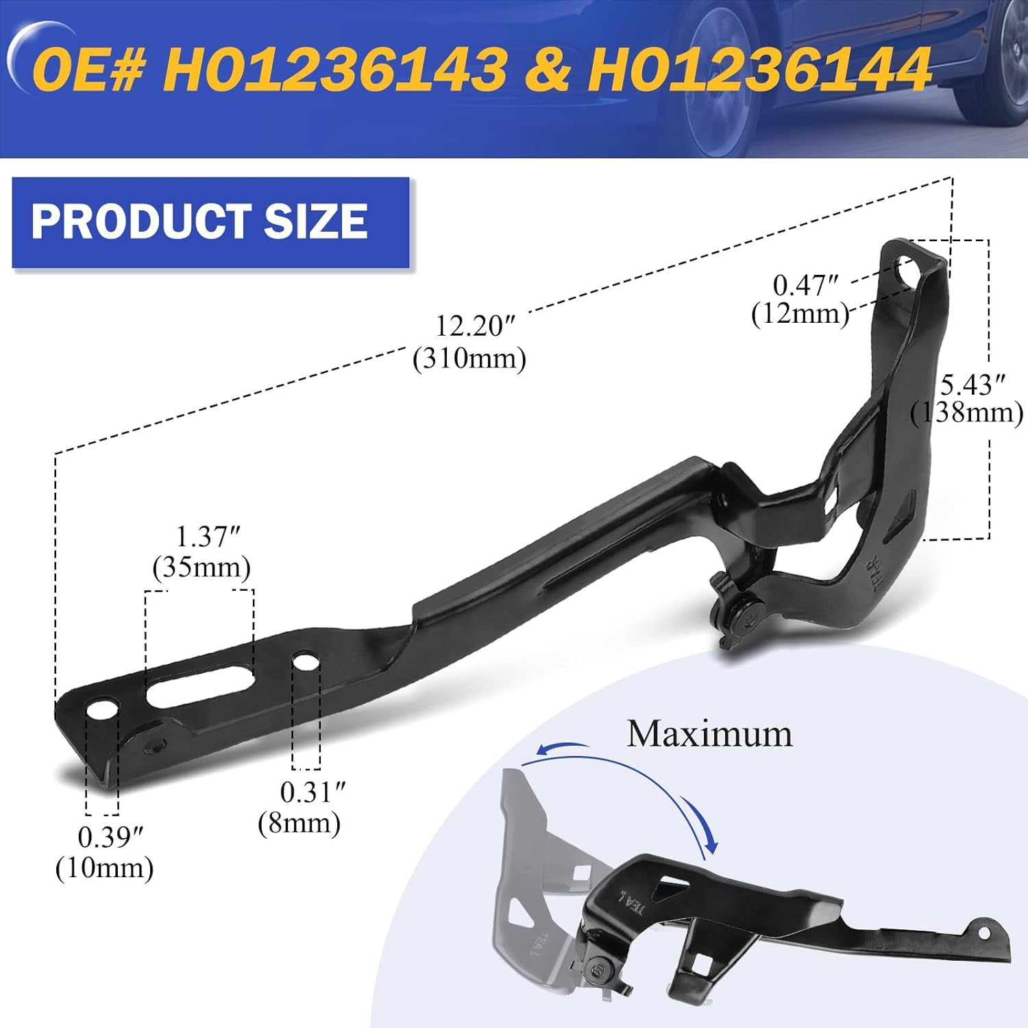 Hood Hinge for 2016-2021 Honda Civic Front Left/Right Driver & Passenger Side LH RH HO1236143 HO1236144
