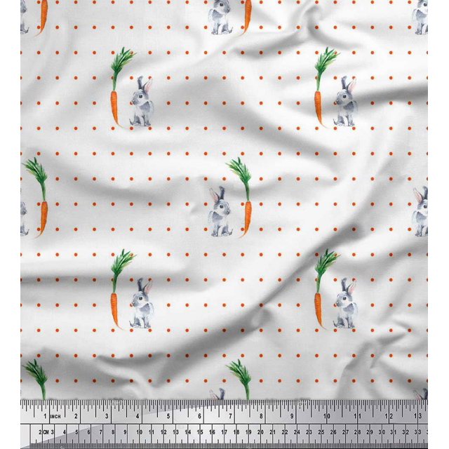 Soimoi Modal Satin Fabric Carrot & Rabbit Dots Print Fabric by Yard 42 Inch Wide