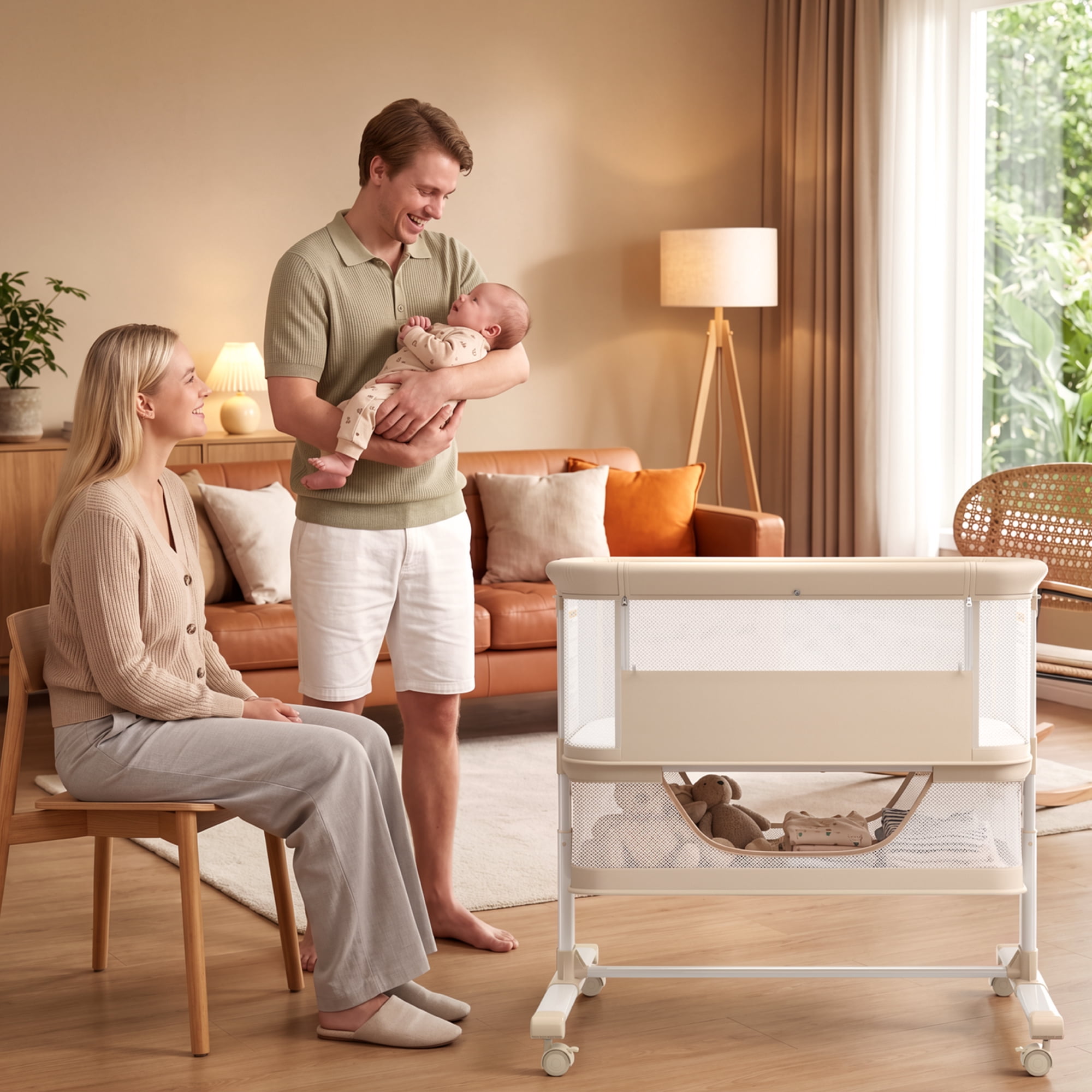 AILEEKISS Bedside Bassinet for Newborn, 6 Height Adjustable Baby Bassinet with Mosquito Net, Beige