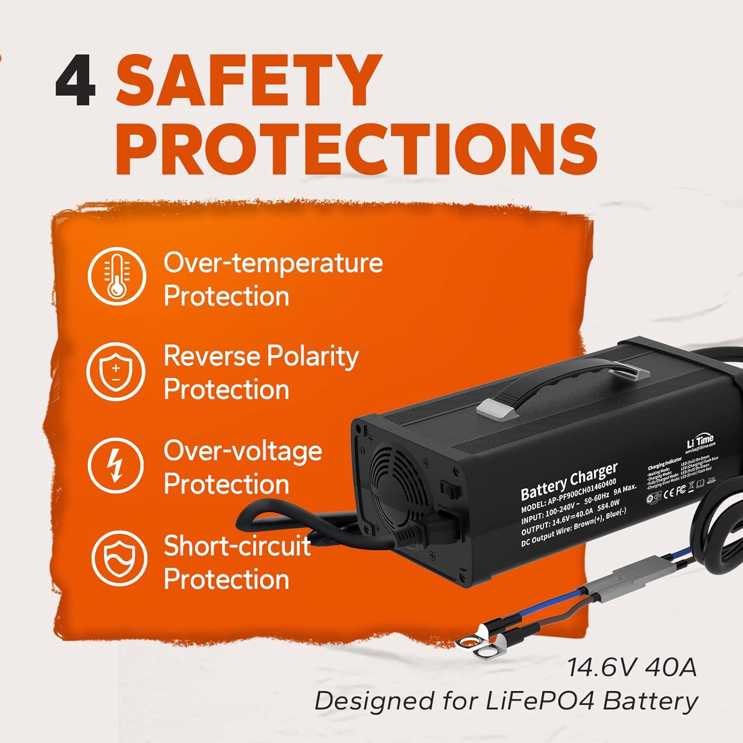 LiTime 14.6V 40A Lithium Battery Charger Mountable for 12V LiFePO4 Lithium Battery with LED Indicator and ON/Off Switch, AC-DC Smart Charger, 40A Fast Charging