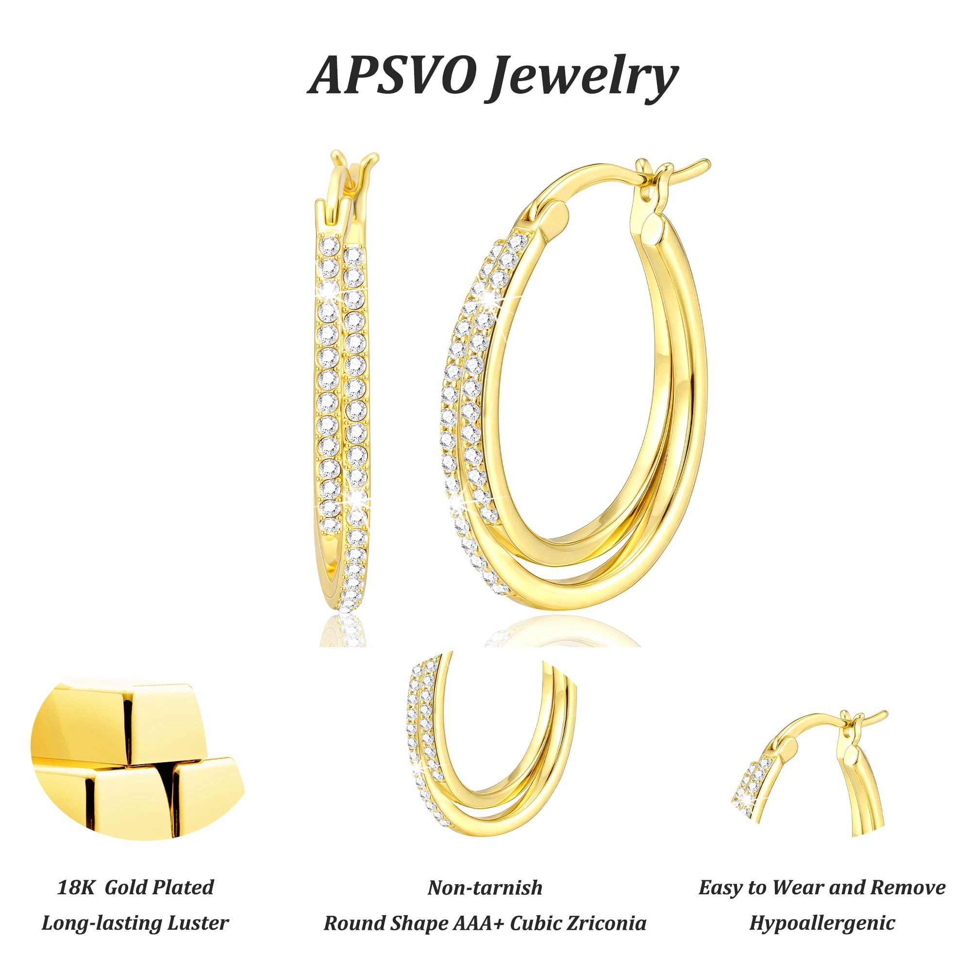 APSVO 18K Gold Plated Simulated Diamond Hoop Earrings for Women Hypoallergenic Post Earrings Birthday Graduation Jewelry Gifts Teen Mom Her Wife Lady Adults Ideas