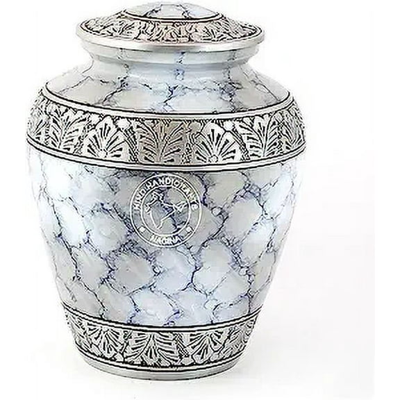 Silver Engraved Adult Cremation Urn for Human Ashes - Handcrafted Funeral Memorial Ashes Urn - Large Burial Urn - BAG Included (7.5" x 7.5" x 9.5"- 200lbs or 91kg, Cloud White)