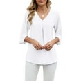 thumbnail image 6 of YueHuiYing Women's Fashion Solid-Color Chiffon Blouse with Mid-Length Sleeves Pleated V-Neck Loose Fit, 6 of 8