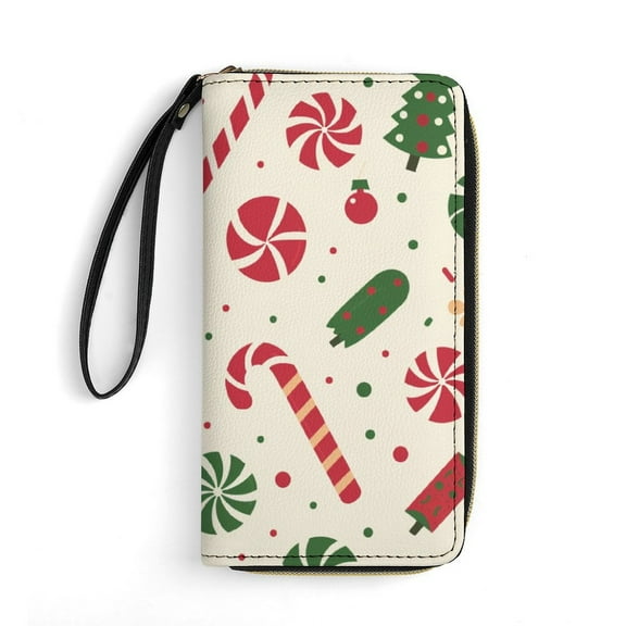 Womens Wallet Bifold Ladies Cluth Bag Wristlet Wrist Strap Long Purse Christmas Candy Pattern Design