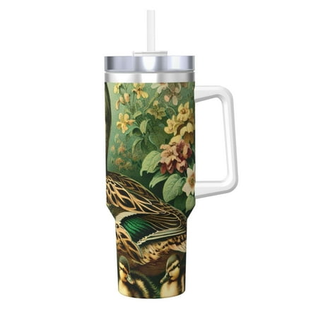 

Salouo Mallard Duck And Flowers for 40oz Water Bottle with Handle & Flip Straw - Stainless Steel Vacuum Insulated Tumbler-Reusable Travel Coffee Mug- Gifts for Women & Men