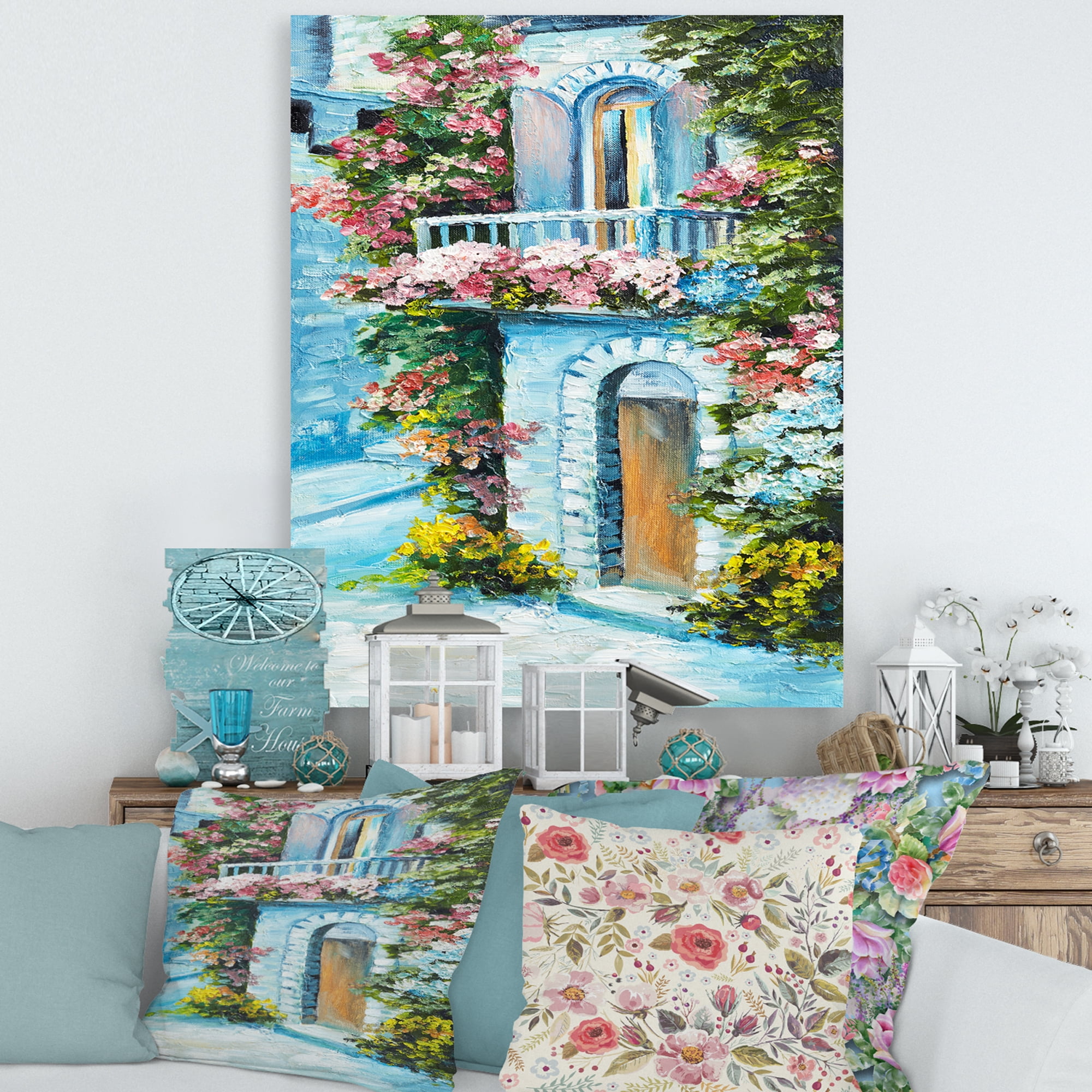 Designart ' House With Colorful Flowers Near The Sea II ' Traditional Canvas Wall Art Print