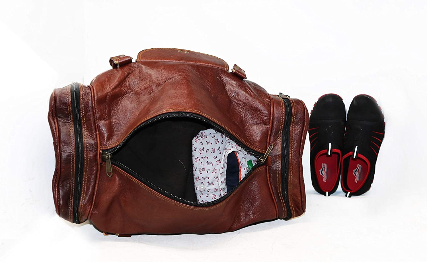 Jaald 18" Leather Duffle Bag Holdall Luggage Carry On Overnight Travel Sports Gym Weekender Bag Adventure Gear for Men Women Gift Ideas