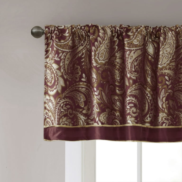 Madison Park Aubrey Jacquard Valance – 50x18 Inch Burgundy Rod Pocket Valance With Gold Bead Trim