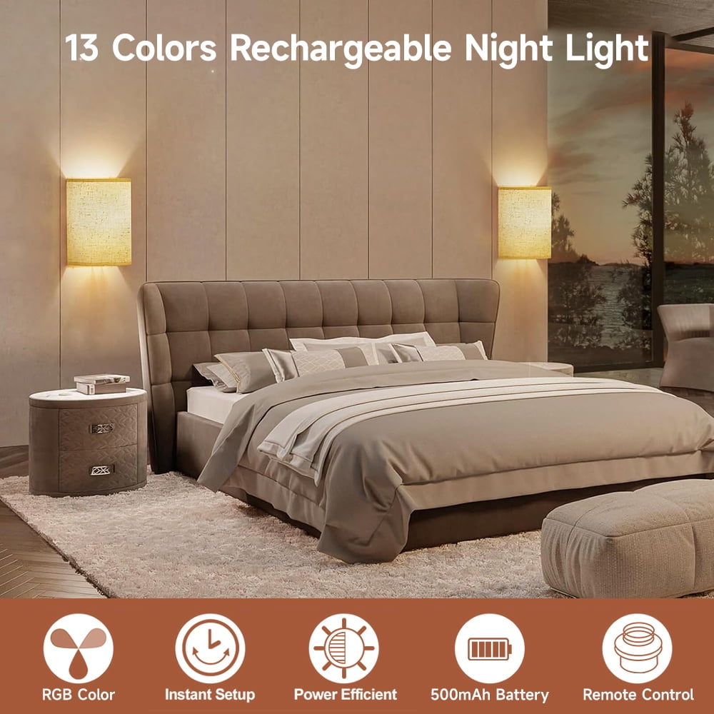 Battery Operated Wall Sconce, Rechargeable Wireless Wall Sconces Set of Two, Magnetic Wall Lamp with Remote RGB Colors for Bedroom Living Room Hallway, Fabric Linen Shade