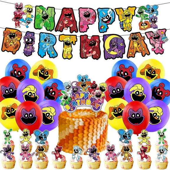 TG Smiling Animal Theme Birthday Party Decorate Supplies Set ,Include Happy Birthday Banner, Cake Topper, Cupecake Toppers, Latex Balloons，for Kids Birthday Party Decoration