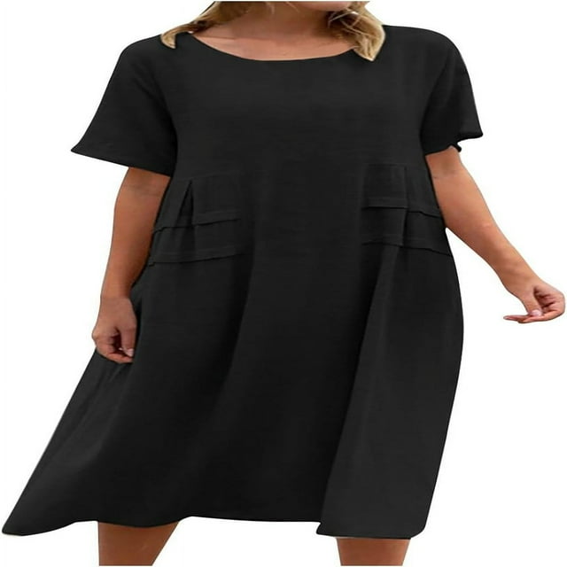 CHOK Robe Midi Décontractée en Coton et Lin pour Femmes Col Rond Manches Courtes Été Coupe Ample Robes Fluides Confortables Grande Taille