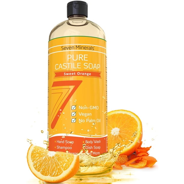 Jabón de Castilla puro naranja dulce - Sin aceite de palma sin OGM - Jabón líquido suave para pieles sensibles y lavado de bebés - Fórmula vegana natural con aceites portadores orgánicos (33.8 fl oz