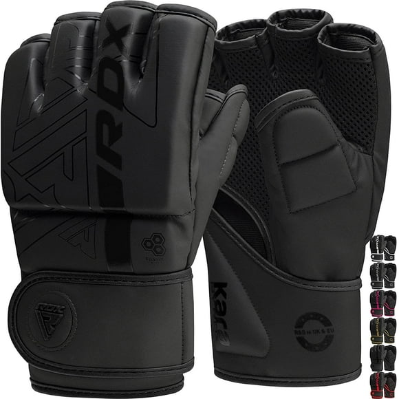RDX MMA Boxing Gloves Grappling Sparring, Pre-Curved Martial Arts Mitts, Ventilated Palm, Maya Hide Leather KARA, Black, Small
