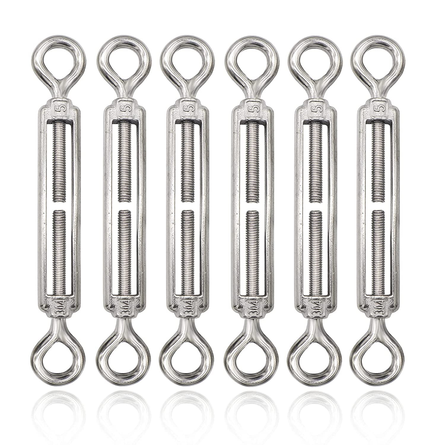 M5 Eye & Eye Turnbuckle, 304 Stainless Steel Turnbuckle Heavy Duty Wire Rope Tension 6 Pcs