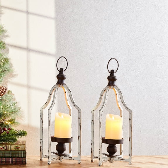 Glitzhome Farmhouse Rustic Metal Lanterns Hanging Candle Holder White-S+S
