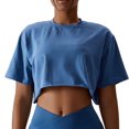 thumbnail image 1 of Camiseta para correr para mujer, manga corta, Color puro, cuello redondo, algodón transpirable, Top de trabajo, azul, 10/M, 1 of 7