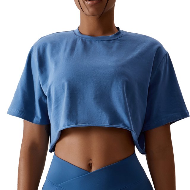 Camiseta para correr para mujer, manga corta, Color puro, cuello redondo, algodón transpirable, Top de trabajo, azul, 10/M