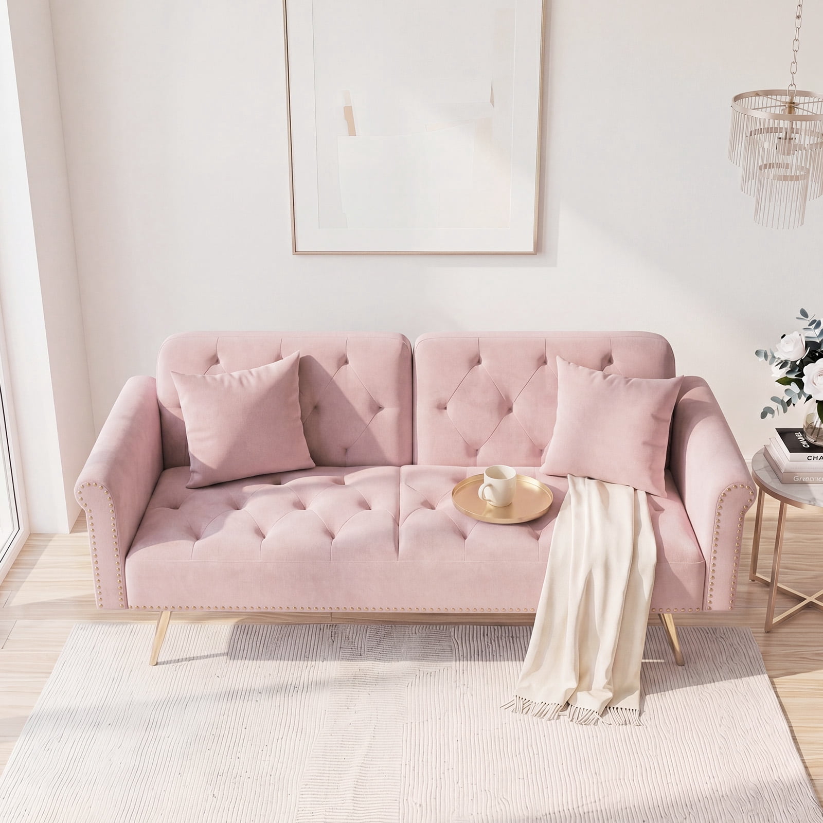 69.7" Ultra-Soft Pink Velvet Convertible Sofa Bed, Nailhead Trim with Cozy Matching Throw Pillow